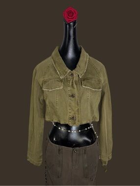 Reworked Free People cropped green denim jacket.